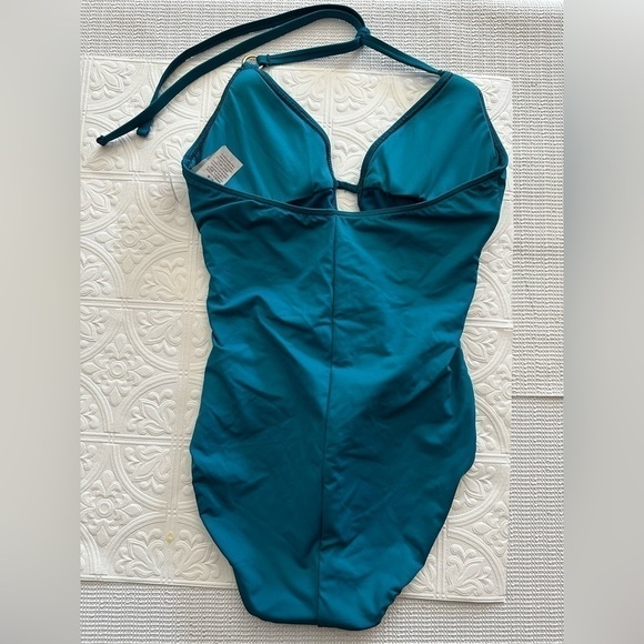 La Blanca One Piece Swimsuit Halter Twist Knot Front Mesh Inserts 4 Peacock 5025 - Picture 8 of 14